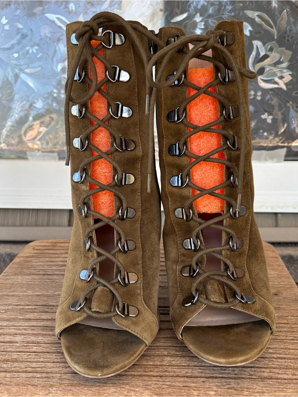 Steve Madden Olive Suede Leather Lace-Up Peep-Toe Heeled Booties Zip  Accent